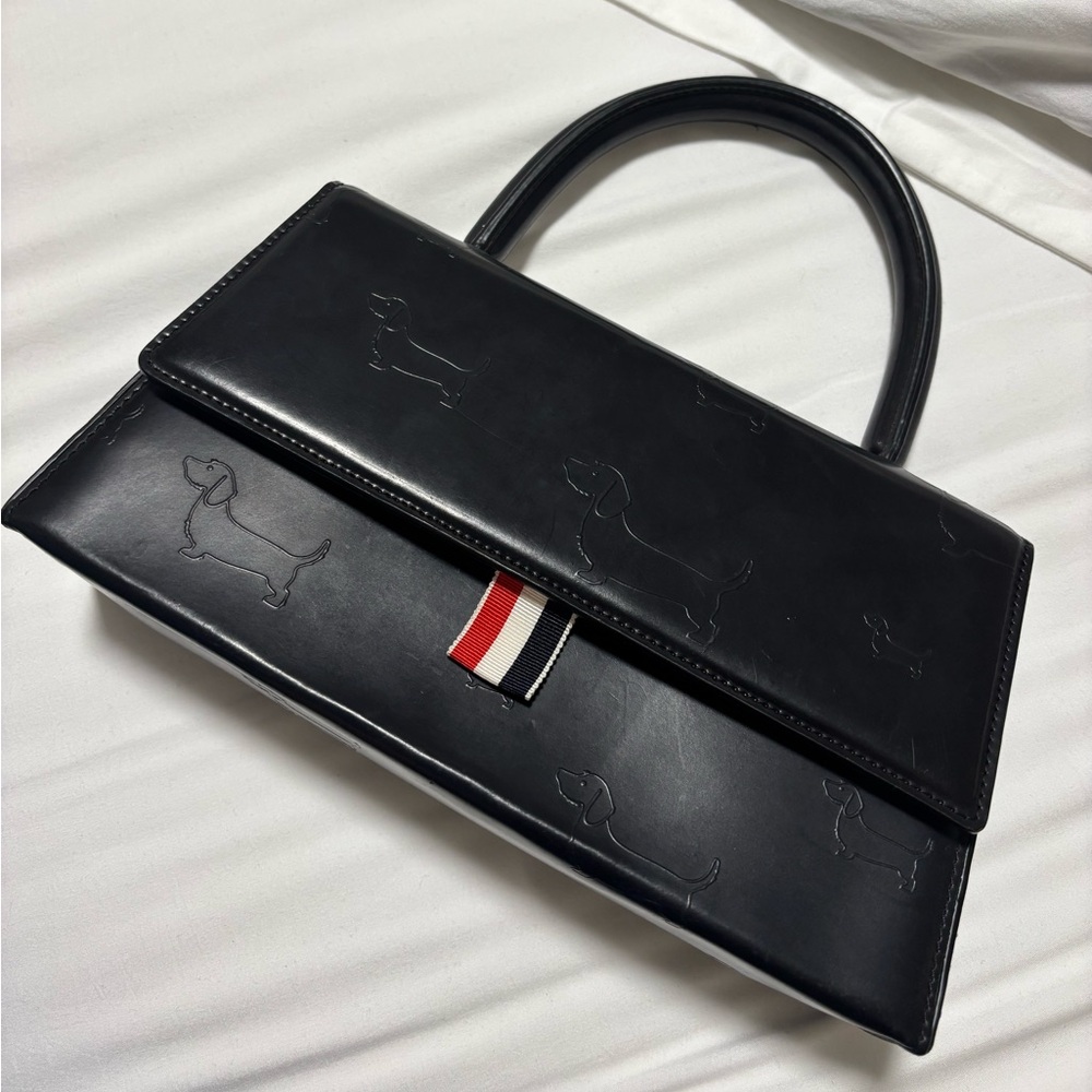 Thom Browne Black Leather Handbag with Hector Design